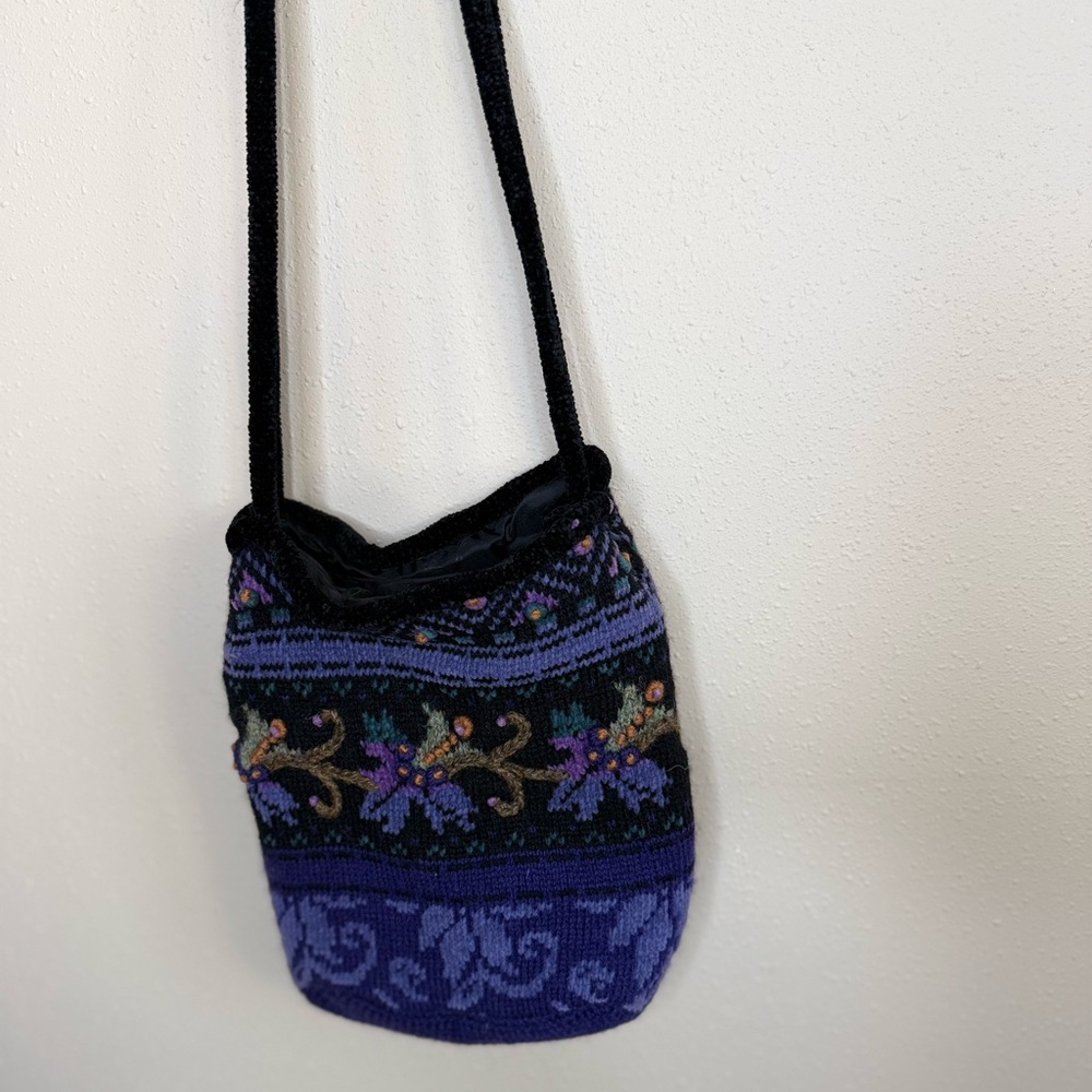 Vintage Icelandic Designs Wool Knit Crossbody Bag Purple Nordic Folk Embroidery - Picture 10 of 10